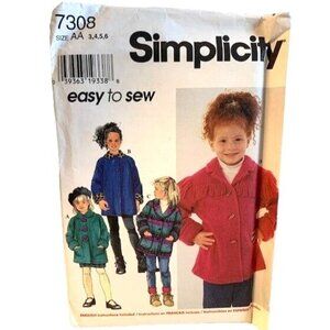 Simplicity 7308 Children’s Jacket Sewing Pattern Size 3 4 5 6 Easy Uncut 1990s